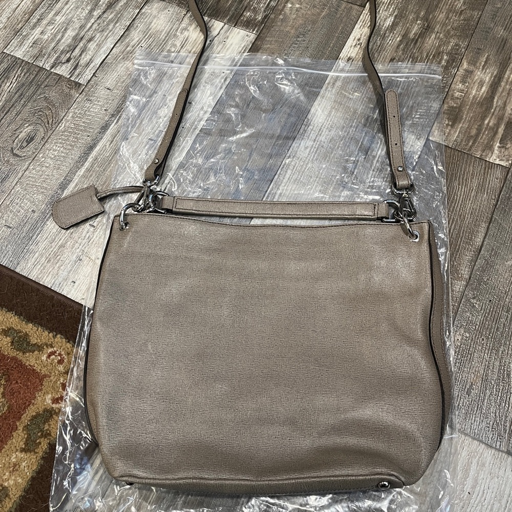 FURLA Leather Hobo Shoulder Bag Taupe Saffiano Crossbody Italian Designer Purse